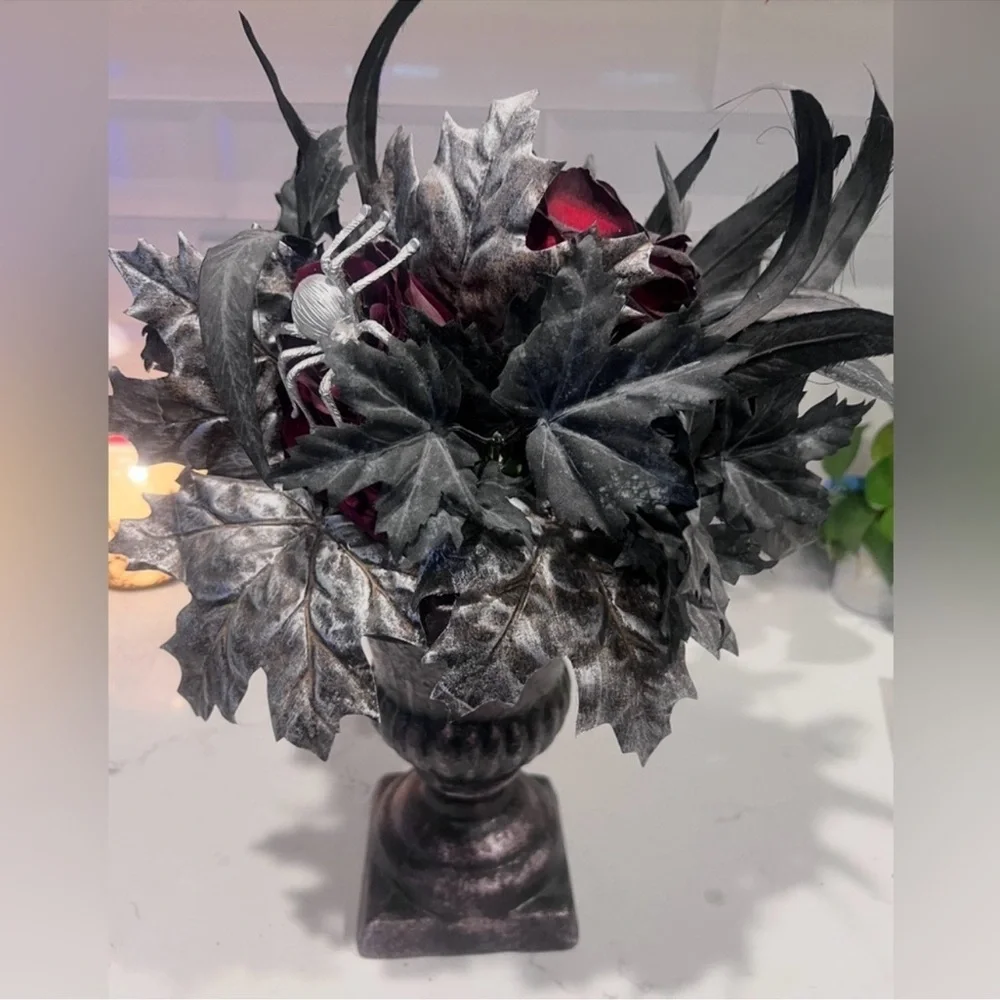 Gothic Vampire Black Red Floral Feather Rose Vase Arrangement